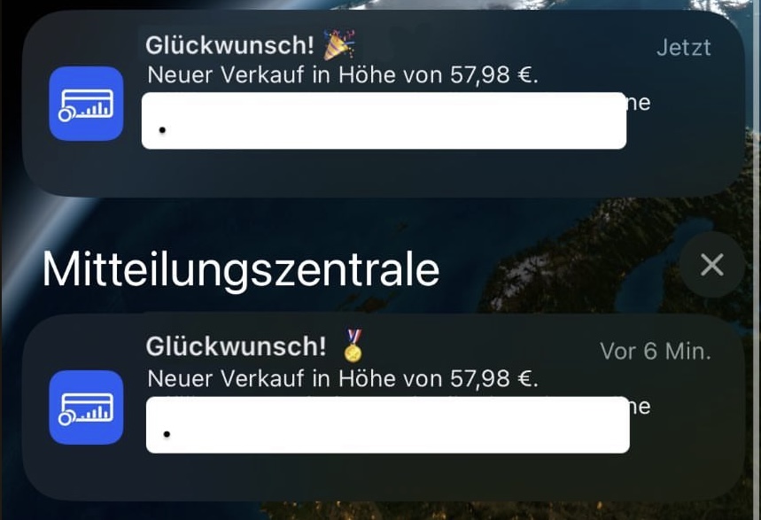 Benachrichtigungszentrale mit Glückwunsch-Meldungen zu Verkaufsabschlüssen von 57,98 Euro
