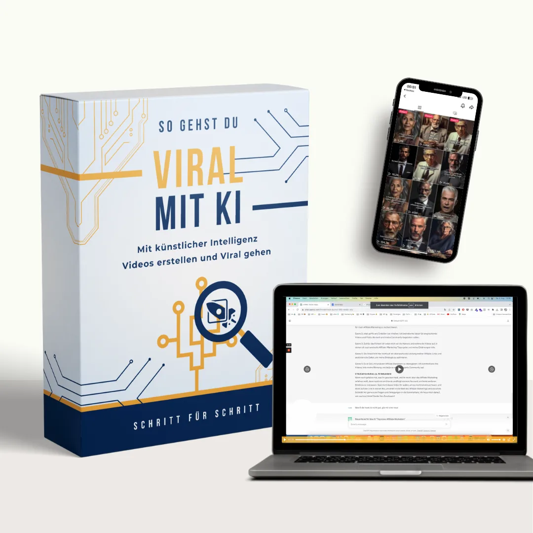 Produktbox und Mockup für Viral-KI Videokurs mit Laptop und Smartphone-Ansicht