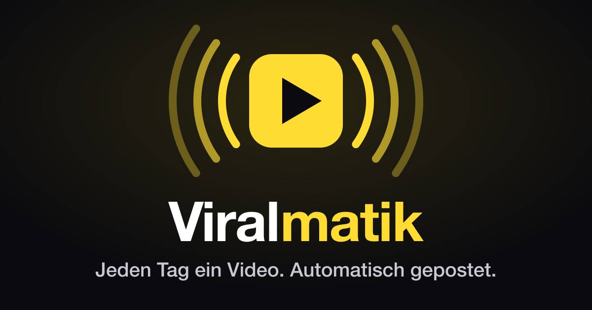 Viralmatik Hero-Banner mit gelbem Play-Button, Schallwellen und Tagline