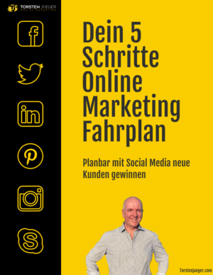 Buchcover 5 Schritte Online Marketing Fahrplan von Torsten Jaeger mit Social-Media-Icons
