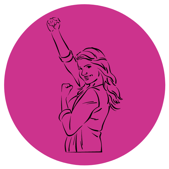 Strichzeichnung Frau mit erhobener Faust in pinkfarbenem Kreis, Power und Empowerment