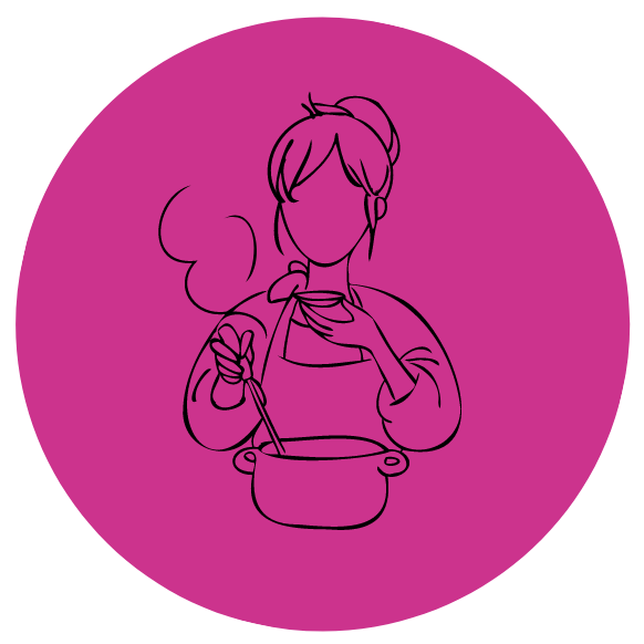 Strichzeichnung Frau in pinkfarbenem Kreis mit Kochtopf, stilisierte Illustration