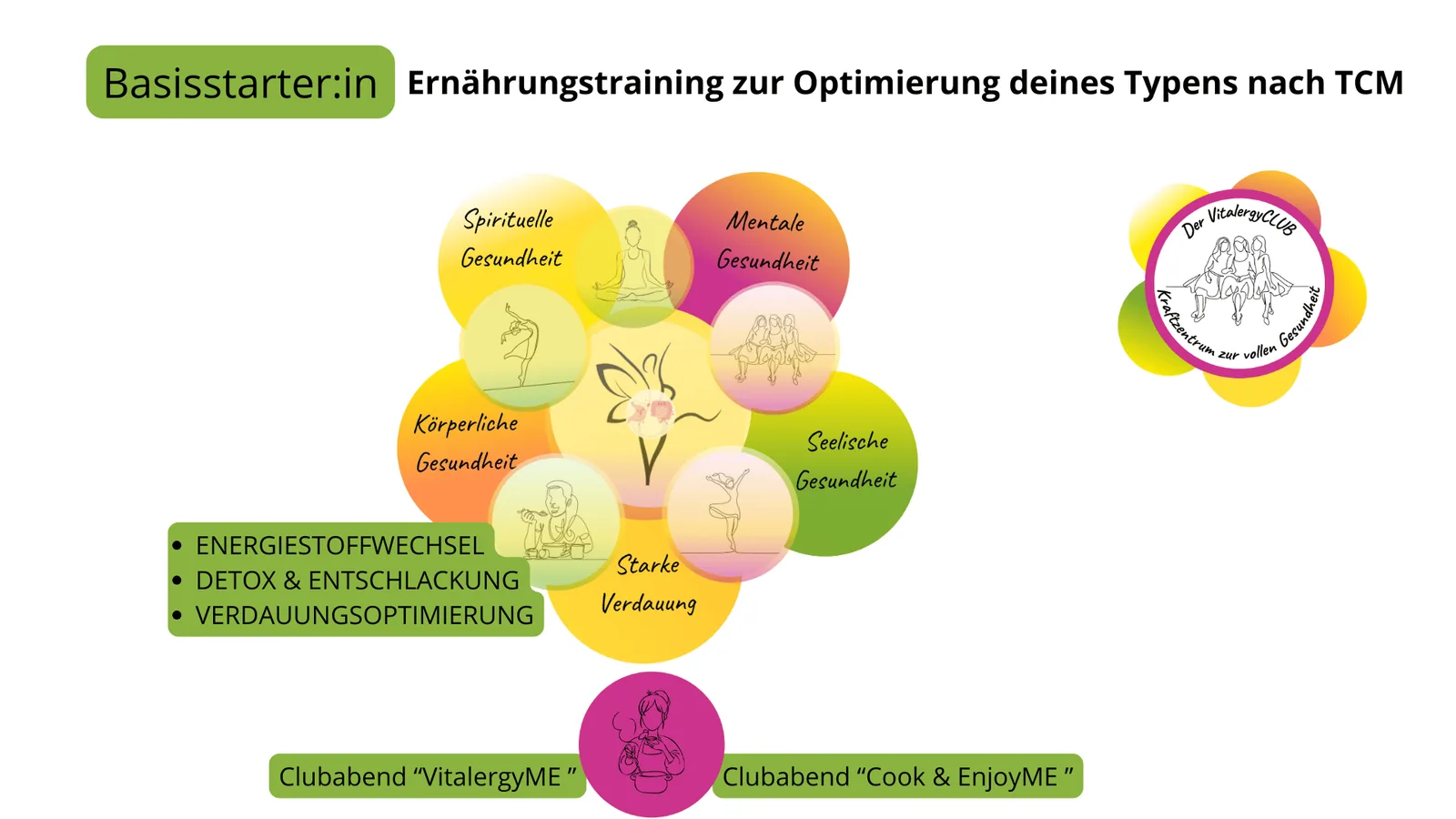 Infografik Basisstarter:in Ernährungstraining zur Optimierung deines Typens nach TCM mit fünf Gesundheitsdimensionen und Club