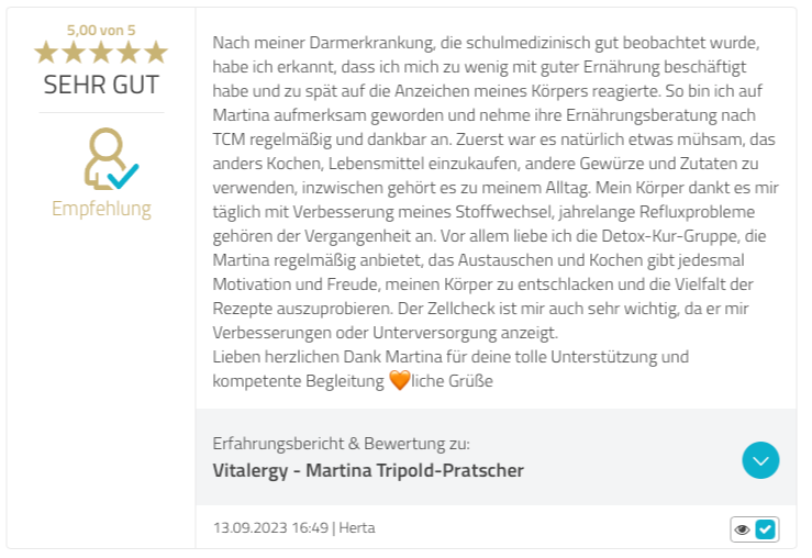 Kundenstimme 5 Sterne Bewertung ausführliche Erfahrung zu TCM Ernährungsberatung und Detox-Kur, positives Feedback