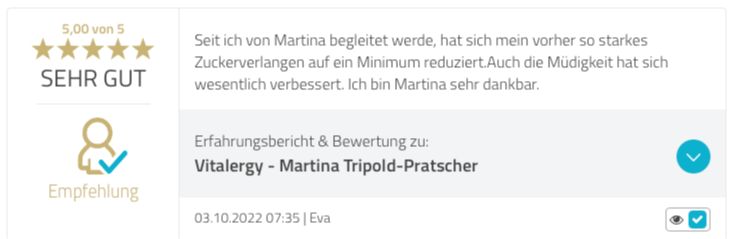 Kundenstimme 5 Sterne Bewertung kurzes Feedback zu Zuckerverlangen Reduktion und verbesserter Müdigkeit