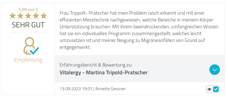 Kundenbewertung mit 5 Sternen für Vitalergy - Martina Tripold-Pratscher, Bewertung von Annette Gessner zur Migränebehandlung