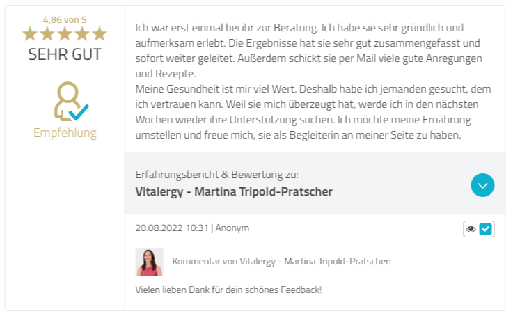 Kundenbewertung mit 4,86 Sternen für Vitalergy - Martina Tripold-Pratscher mit Antwort der Autorin zur Ernährungsumstellung