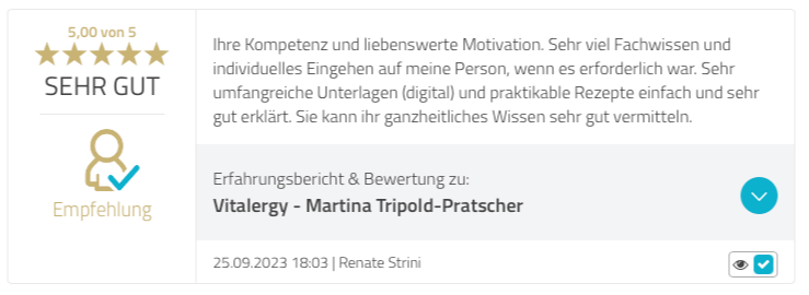 Kundenstimme 5 Sterne Bewertung Vitalergy von Renate Strini, Empfehlung mit Kompetenz und individueller Betreuung