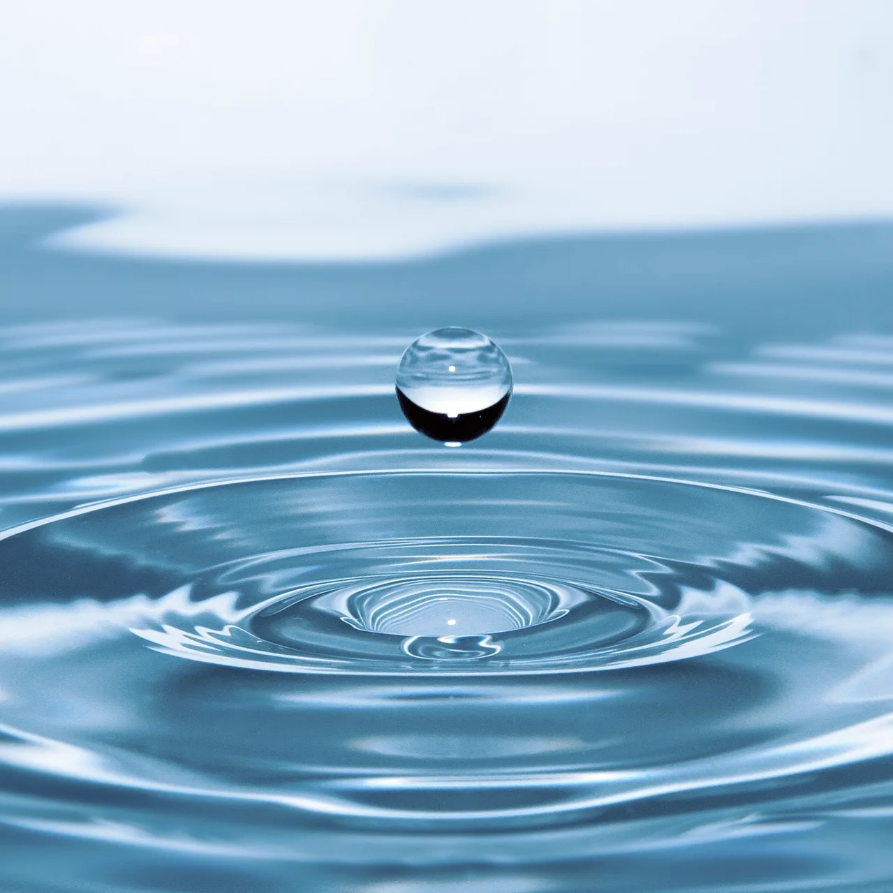 Wassertropfen fällt in stilles Wasser mit konzentrischen Wellenringen auf blauem Hintergrund