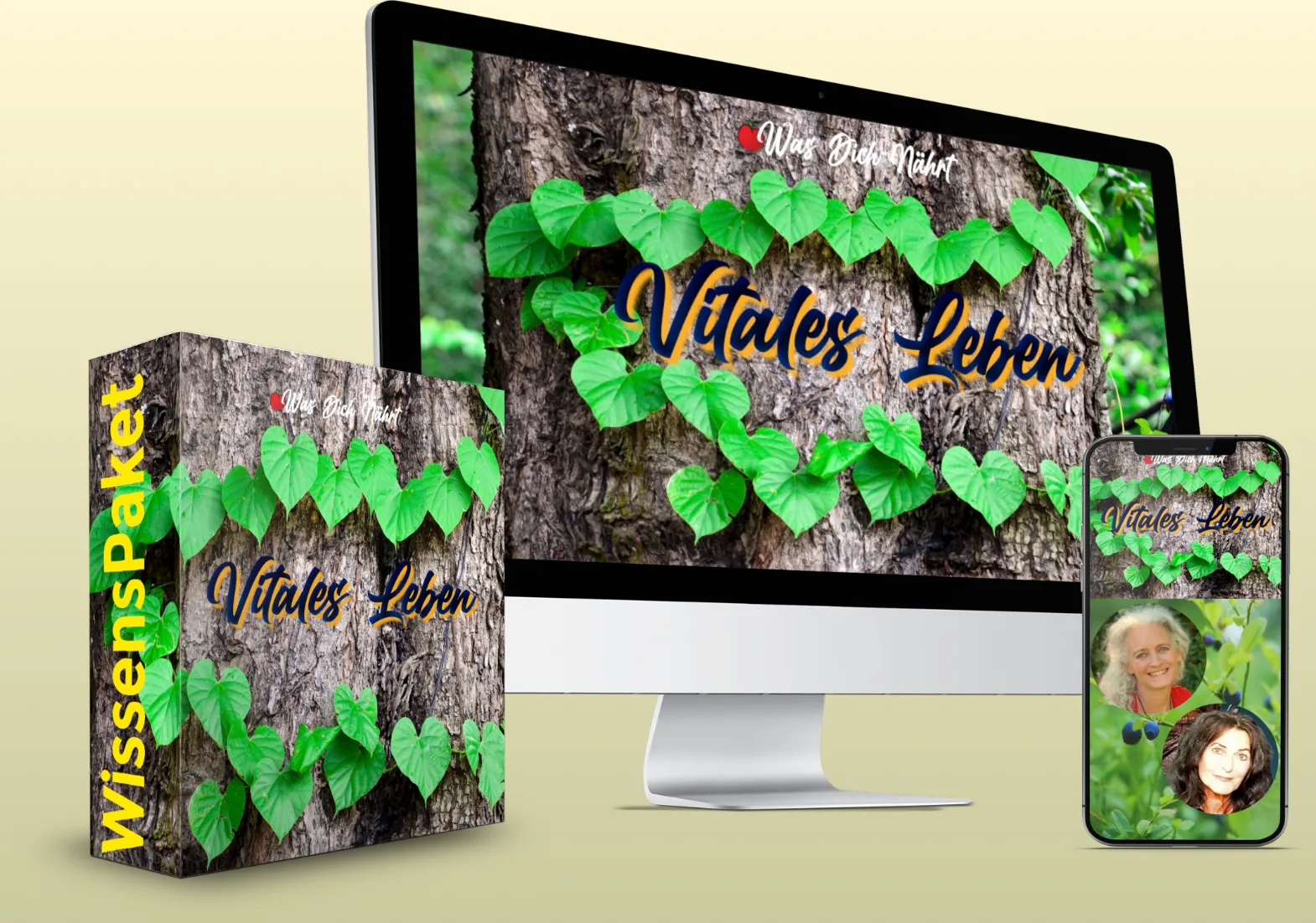 Vitales Leben Kongress-Paket Mockup auf Desktop, Tablet und Smartphone mit Efeu-Blättern auf Baumrinde und Produktbox