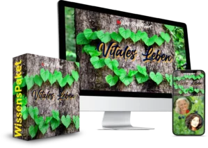 Vitales Leben Kongress-Paket Mockup auf Desktop, Tablet und Smartphone mit Efeu-Blättern auf Baumrinde