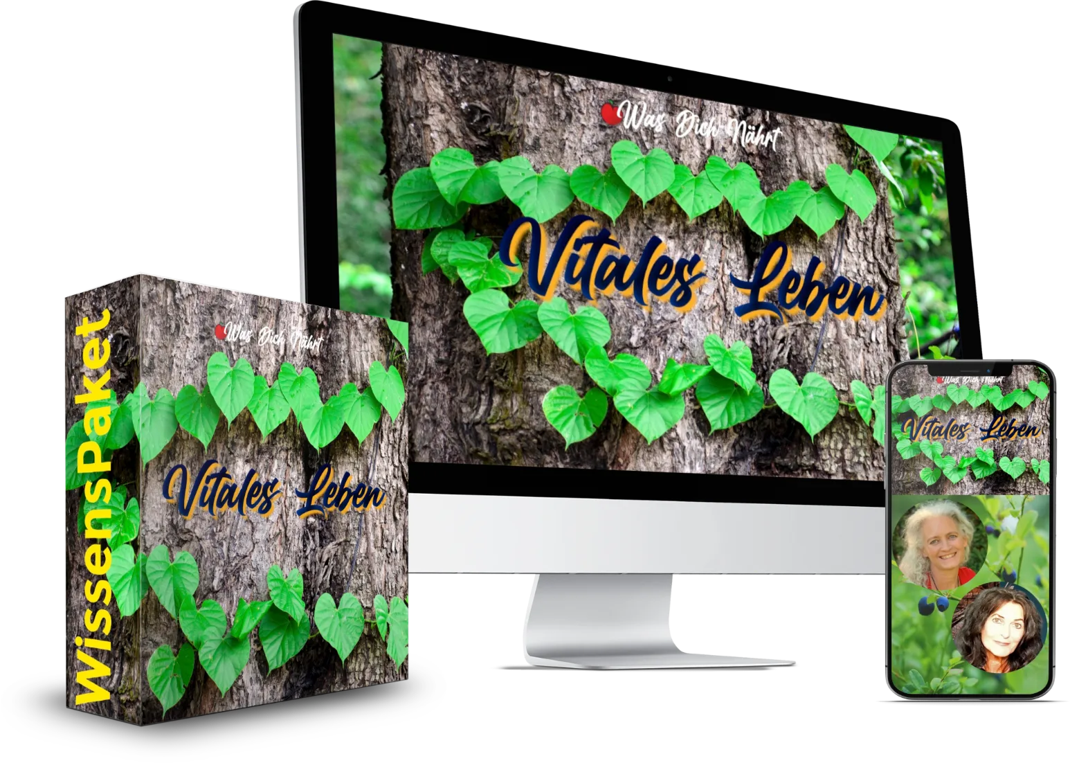 Vitales Leben Kongress-Paket Mockup auf Desktop, Tablet und Smartphone mit Efeu-Blättern auf Baumrinde