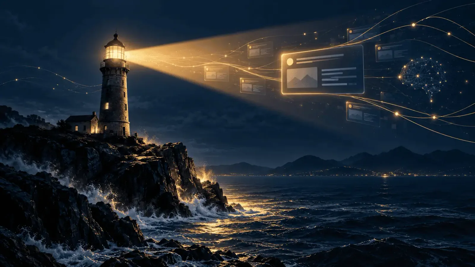 Voice to Mail – Web-App zur Sprachdokumentation von Michael Laschitza 3 Leuchtturm auf Felsen bei Nacht mit digitalen Bildschirmen und Lichtstrahlen, Symbol für Sichtbarkeit