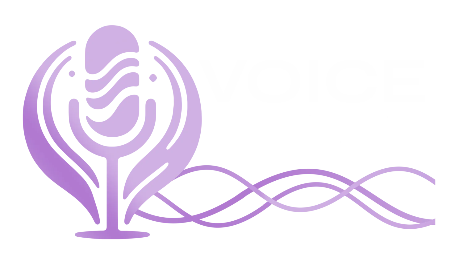 Voice Flow Logo mit lila Mikrofon und Schallwellen, abstrakte Grafik auf weißem Hintergrund