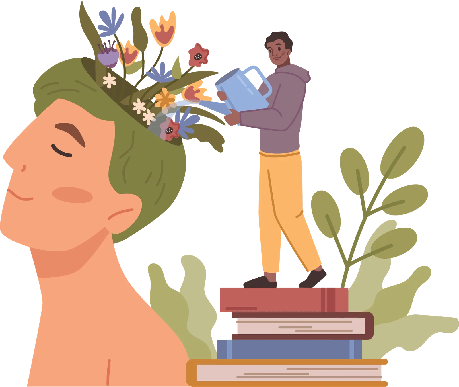 Illustrierte Person gießt Wasser auf Pflanze in Kopf einer Frau, symbolisiert persönliches Wachstum durch Pflege