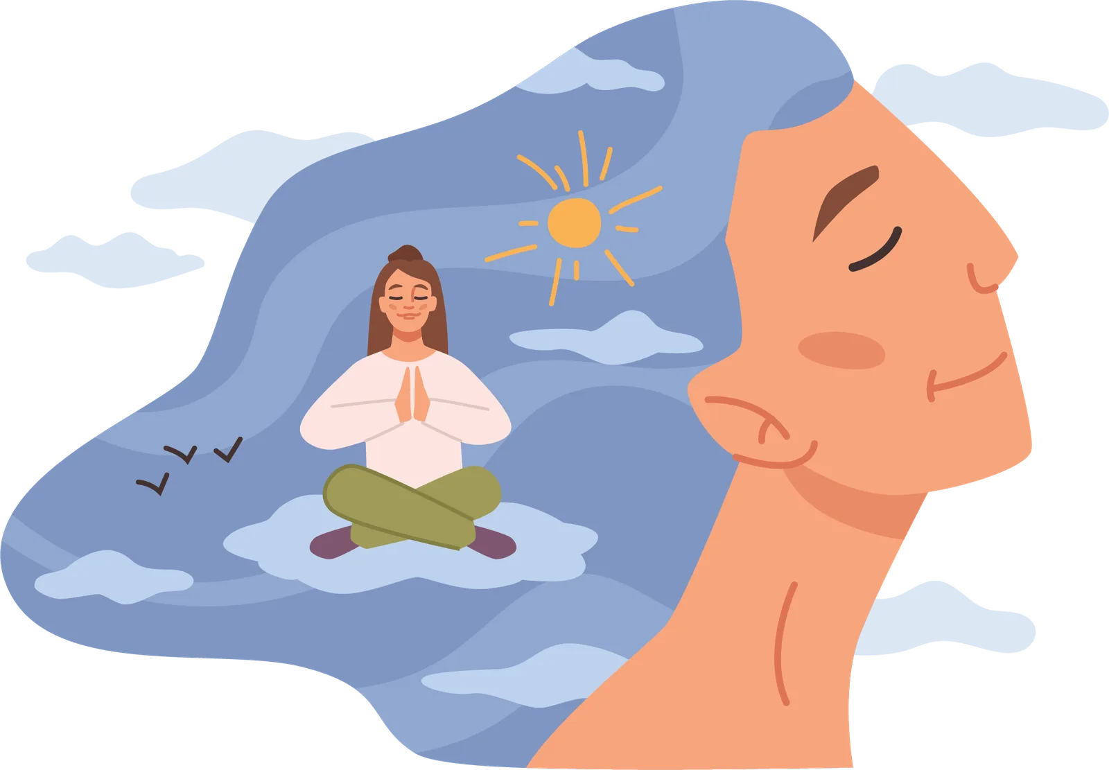 Illustrierte Frau meditiert auf Wolke mit Sonne, symbolisiert innere Ruhe und Gelassenheit