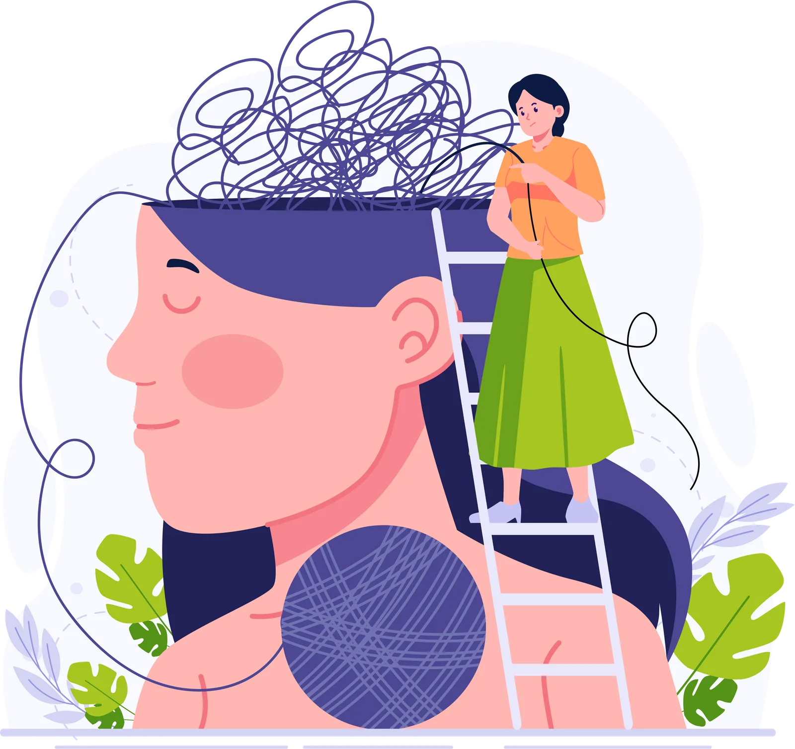 Illustrierte Frau klettert auf Leiter in großes Kopf-Silhouette mit Knoten-Muster
