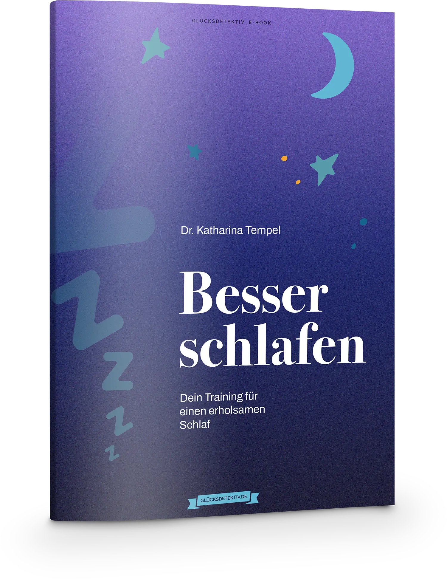 E-Book Cover Besser schlafen von Dr. Katharina Tempel, violetter Hintergrund mit Mond und Sternen