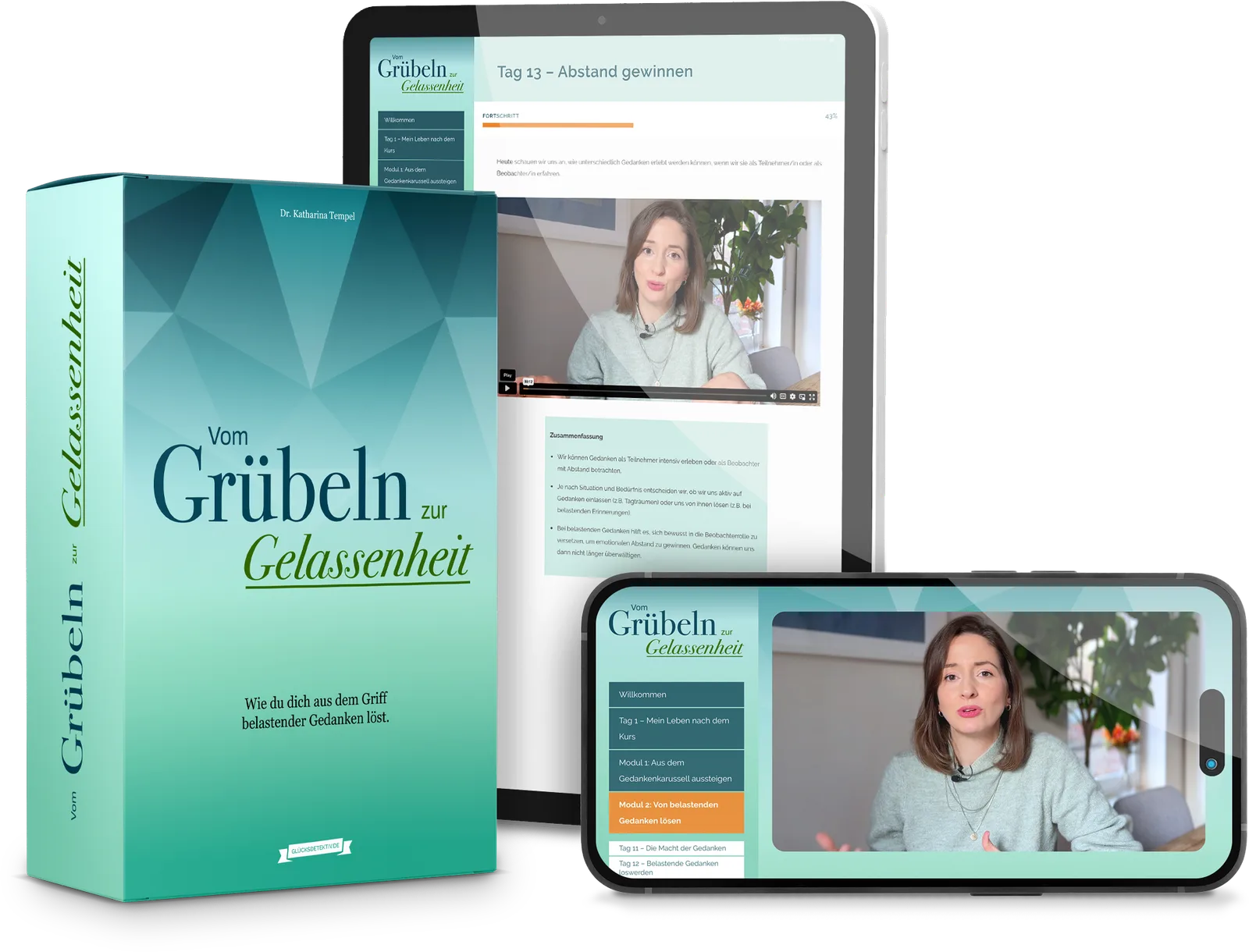 Produktpaket "Vom Grübeln zur Gelassenheit" mit Buch, Tablet und Smartphone, zeigt Videokurs-Inhalte und Dr. Katharina Tempel