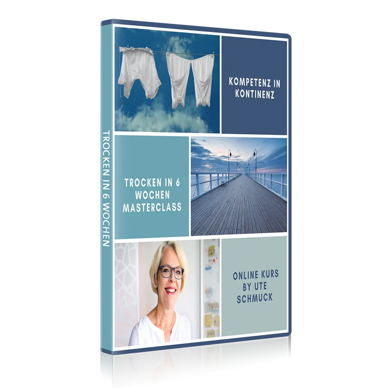 Vorbereitungskurs Prostata-OP – Videokurs für Kontinenz-Training 1 DVD-Cover Mockup: Trocken in 6 Wochen Masterclass, Kompetenz in Kontinenz, Online Kurs by Ute Schmuck