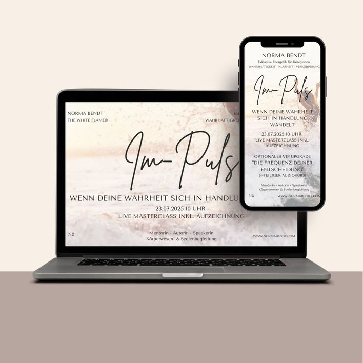 Mockup-Produktabbildung: Laptop und Smartphone mit Du-Puls Masterclass Design auf Beige