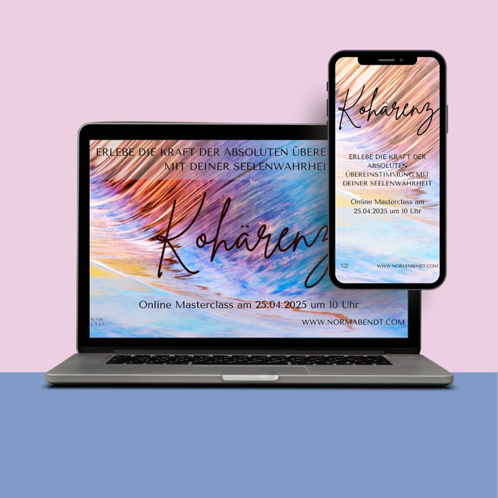 Mockup-Produktabbildung: Laptop und Smartphone mit Kohärenz Masterclass Design auf rosa-blauem Hintergrund