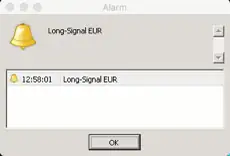 Pop-up Fenster mit Alarm-Benachrichtigung für Long-Signal EUR um 12:58 Uhr