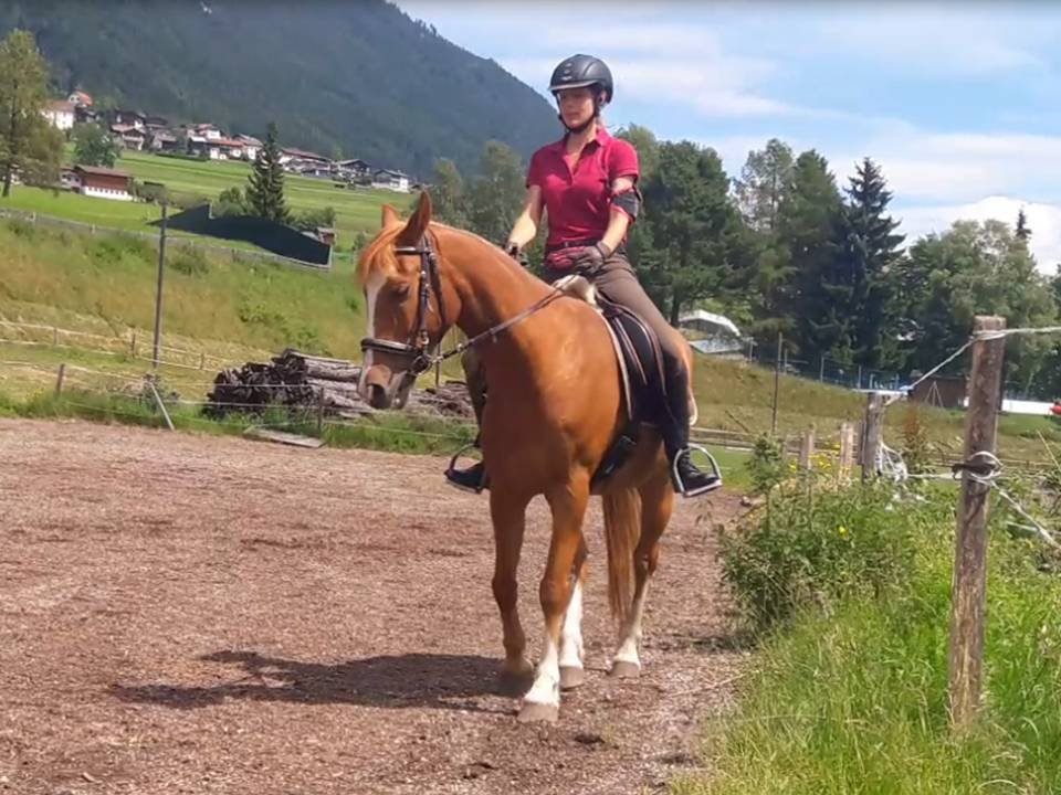 Reiterin in roter Jacke auf braunem Pferd in Gebirgslandschaft mit Häusern
