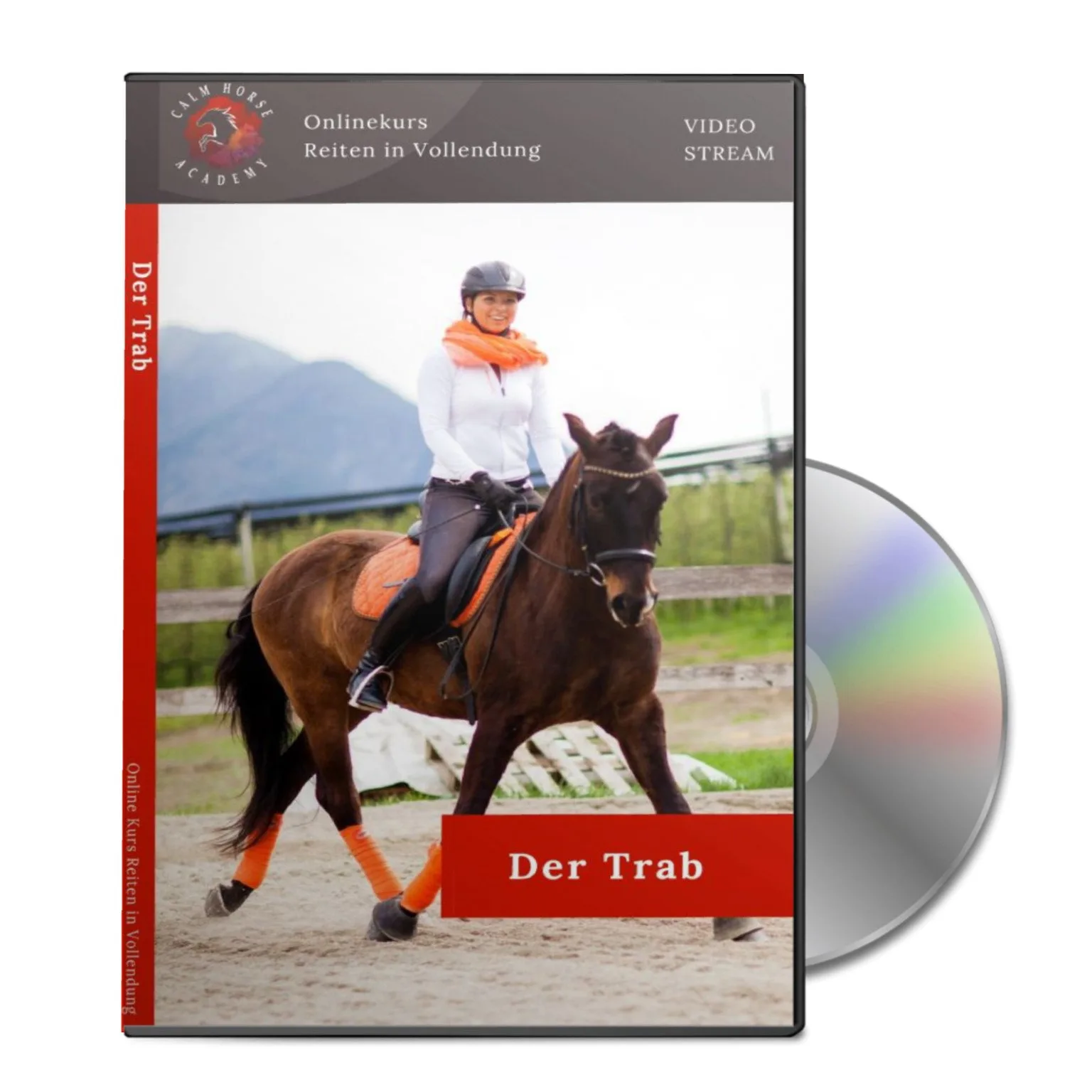 DVD-Cover Der Trab – Onlinekurs Reiten in Vollendung mit Reiterin auf braunem Pferd im Trab