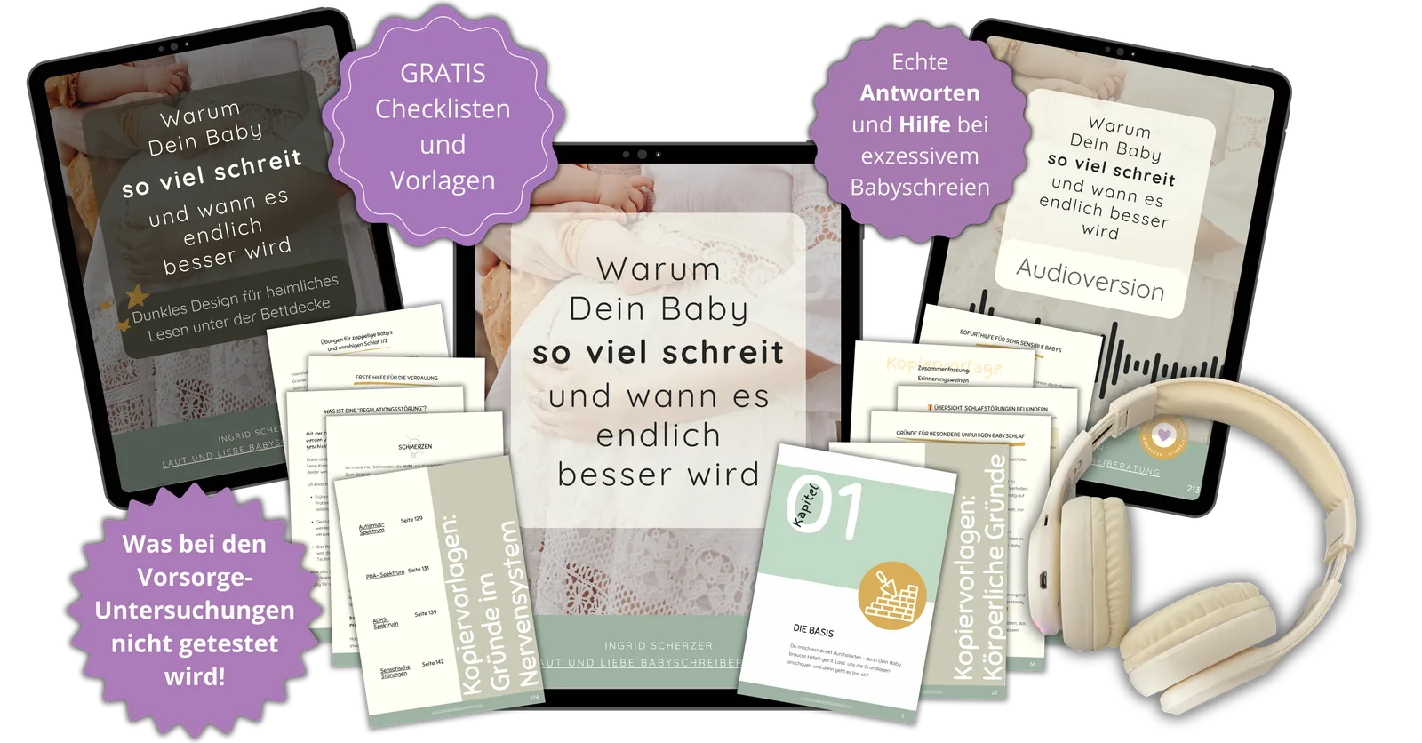 Warum Dein Baby so viel schreit und wann es besser wird 8 Große Produktabbildung CopeCart mit E-Book, Checklisten, Audioversion und Kopfhörern