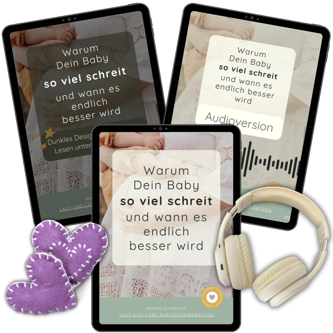 Warum Dein Baby so viel schreit und wann es besser wird 1 CopeCart E-Book Mockup mit drei Tablets, Kopfhörern und lila Herzen – Warum Dein Baby so viel schreit