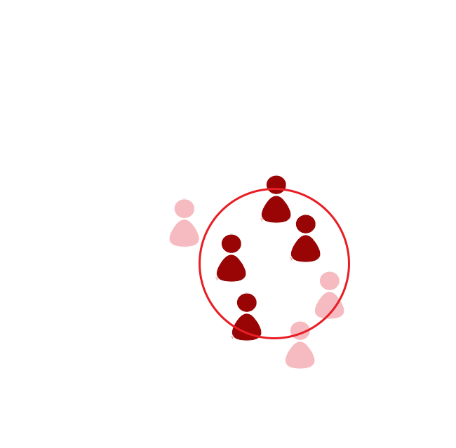 Abstrakte Grafik mit roten und rosa Figurensymbolen in rotem Kreis, einige außerhalb angeordnet, zeigt Community oder Zielgru