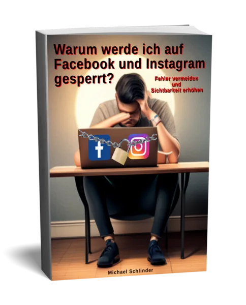 Warum werde ich auf Facebook und Instagram gesperrt? 1 E-Book-Cover: Trauriger Mann am Laptop mit Kettenschloss auf Facebook- und Instagram-Logos