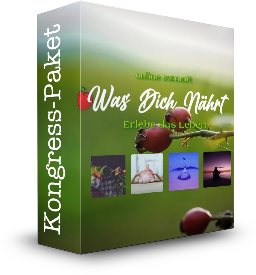 Was Dich Nährt 25 – Kongresspaket zu Gesundheit von Iris Zimmer 1 Produktbox "Was Dich Nährt - Erlebe das Leben" Online Summit mit grünem Farbverlauf und Apfel-Motiv
