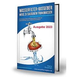 Wasserfilter-Ratgeber E-Book Cover mit Wasserhahn und Tropfen, Ausgabe 2023