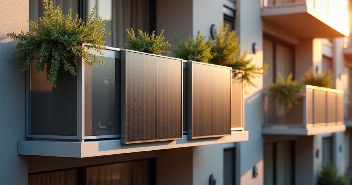 Moderne Wohnfassade mit installierten Balkonkraftwerken und Topfpflanzen in Abendsonne