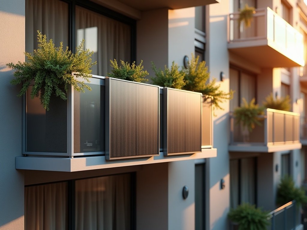 Moderne Wohnfassade mit installierten Balkonkraftwerken und Topfpflanzen in Abendsonne