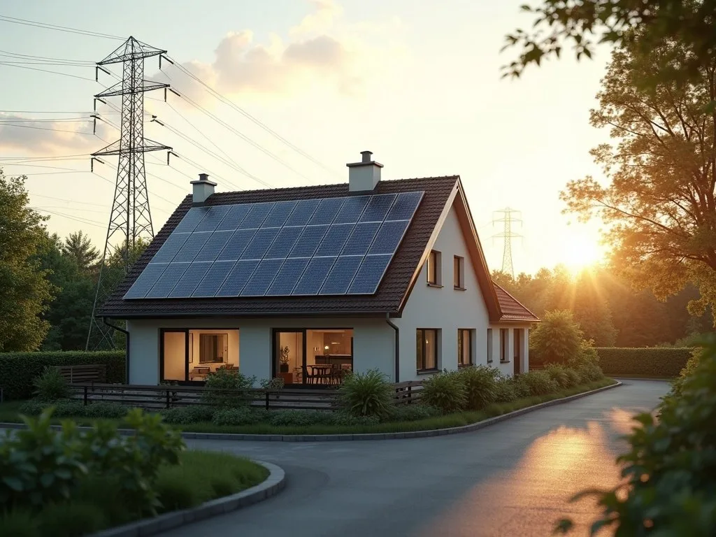 Einfamilienhaus mit Solaranlage auf Dach bei Sonnenuntergang und Strommasten