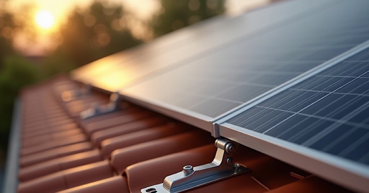 Solarmodule auf Ziegeldach bei Sonnenuntergang mit Befestigungssystem