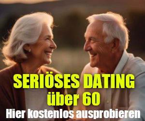 Banner mit älterem Paar, Text 'Senioren Dating über 60 - Hier kostenlos ausprobieren'