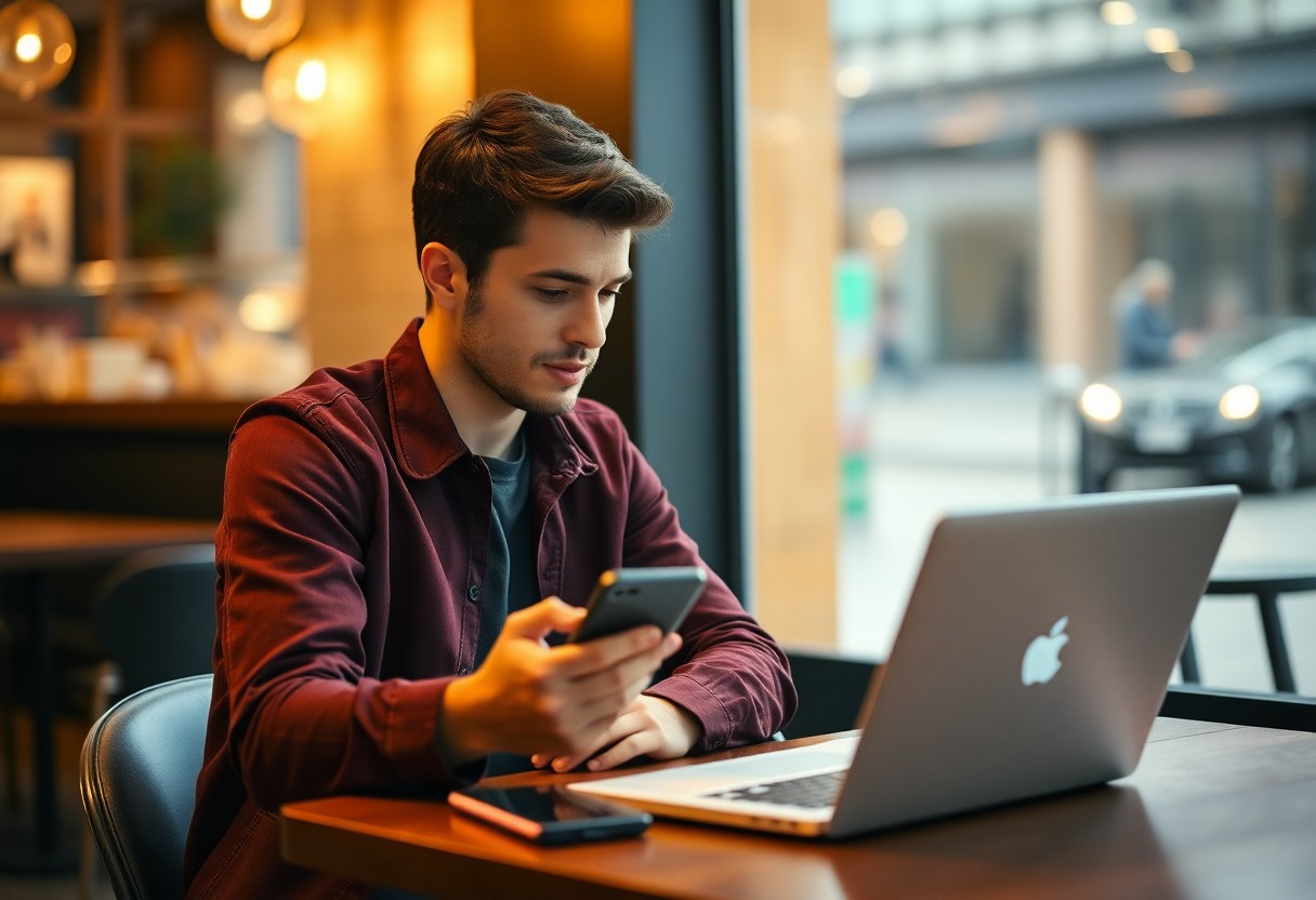 Junger Mann mit Laptop und Smartphone am Tisch in modernem Café-Setting