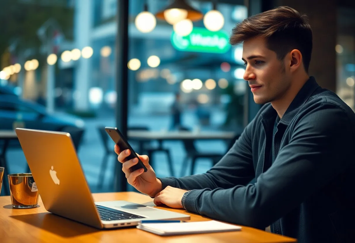 Junger Mann mit Smartphone und Laptop an Tisch in modernem Büro-Setting bei Nacht