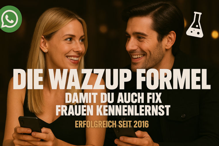 Hero-Bild mit Paar und Handys, Text 'Die Wazzup Formel - Damit du auch fix Frauen kennenlernst - Erfolgreich seit 2016'
