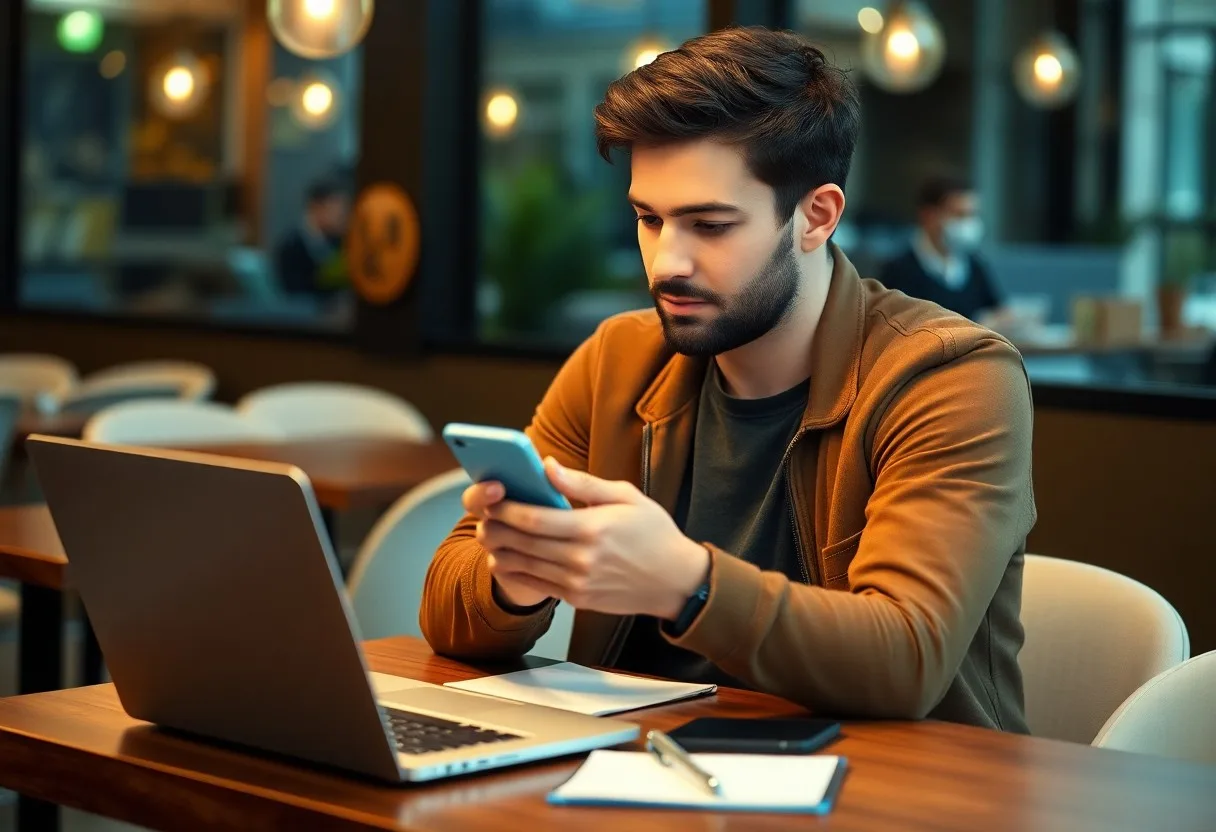 Junger Mann mit orangefarbener Jacke hält Smartphone, arbeitet mit Laptop
