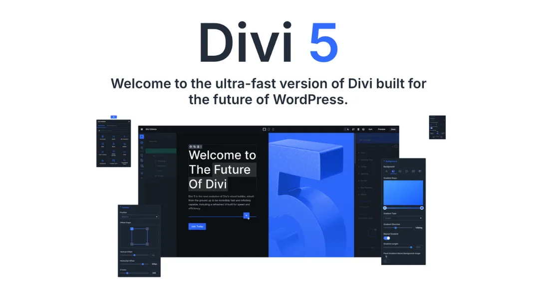 Divi 5 Page Builder Screenshot mit Schriftzug und mehreren Benutzeroberflächen-Panels