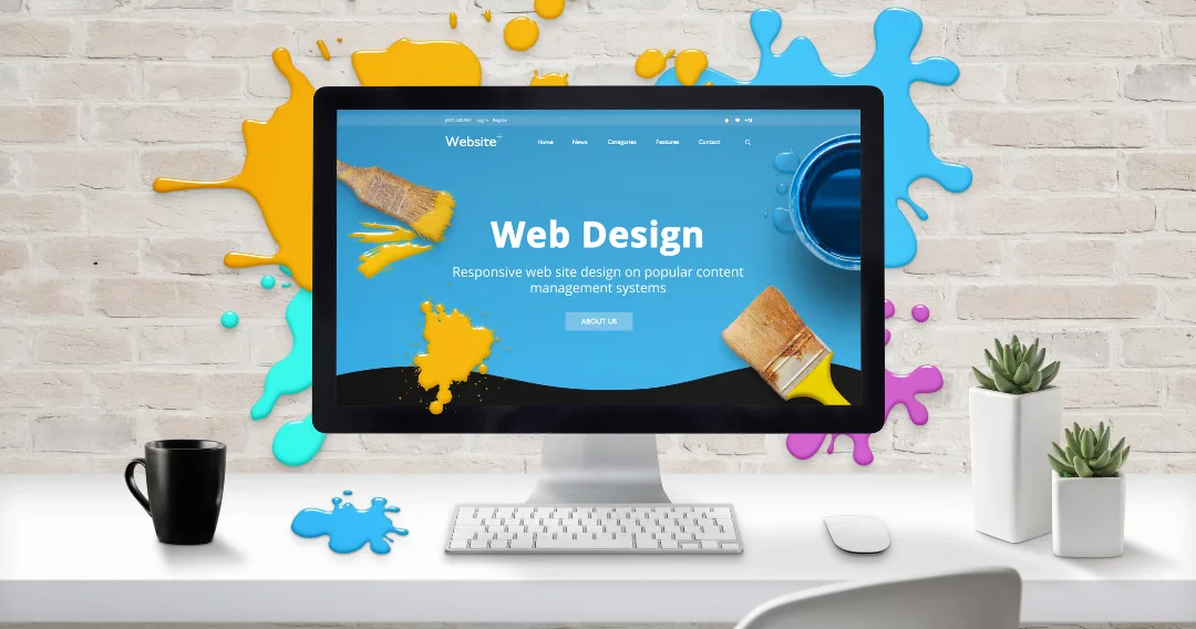 Monitor zeigt Joomla Template Helix Ultimate Website mit blauem Design und Pinsel-Illustration