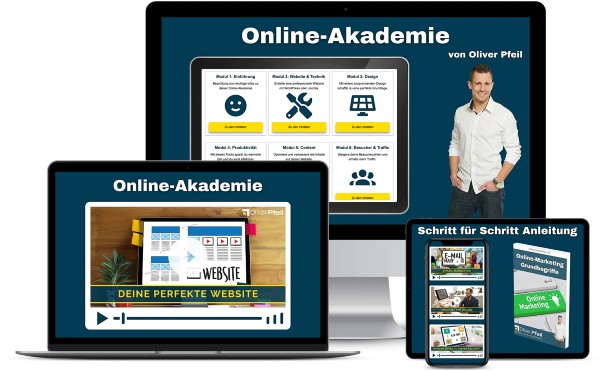 Webdesign-Akademie von Oliver Pfeil mit Kursinhalten auf Geräten und Porträt des Autors