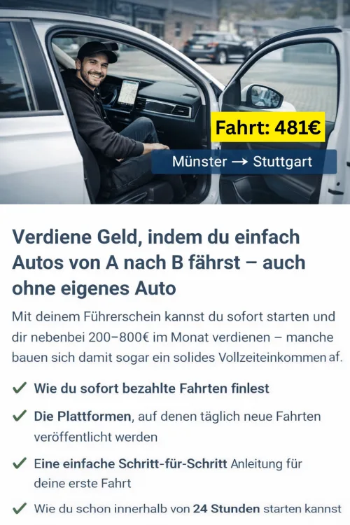 Mann im Auto mit Beispielrechnung für Fahrteinnahmen von Münster nach Stuttgart (481 Euro)