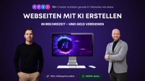 Hero-Banner für Videokurs Webseiten mit KI erstellen, zeigt zwei Männer neben Monitor mit AI-Symbol auf violettem Hintergrund
