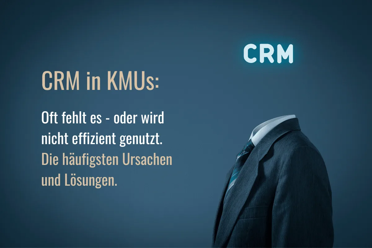 Dunkelblaues Szenenbild mit Blazer und Text zu CRM in KMUs